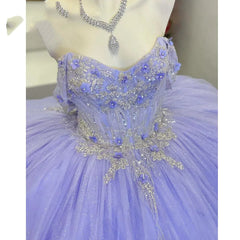 Sparkly & Glitter Ball Gown Off Shoulder Lace Appliques Beaded Lavender Tulle Quinceanera Dress Evening Party Dress For Sweet 16