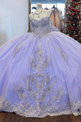 Sparkly & Glitter Ball Gown Off Shoulder Lace Appliques Beaded Lavender Tulle Quinceanera Dress Evening Party Dress For Sweet 16