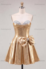 Gold A Line Metallic Beaded Short Homecoming Dress with Bow
