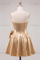 Gold A Line Metallic Beaded Short Homecoming Dress with Bow