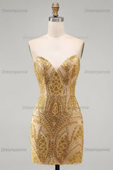 Gold Beaded Tight Short Homecoming Dress