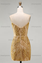 Gold Beaded Tight Short Homecoming Dress
