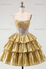 Gold Metallic Strapless Beaded A-Line Corset Short Homecoming Dress