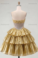 Gold Metallic Strapless Beaded A-Line Corset Short Homecoming Dress