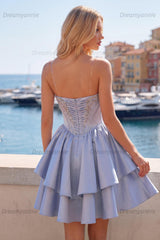 Grey-Blue Beaded A-Line Corset Short Homecoming Dress with Ruffles