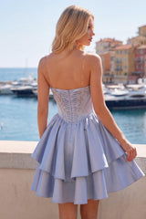 Sparkly Grey-Blue Beaded A-Line Corset Short Homecoming Dress with Ruffles
