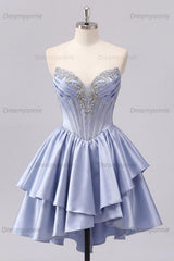 Grey-Blue Beaded A-Line Corset Short Homecoming Dress with Ruffles