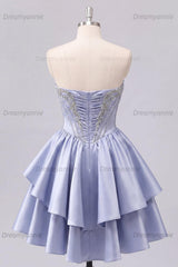 Grey-Blue Beaded A-Line Corset Short Homecoming Dress with Ruffles