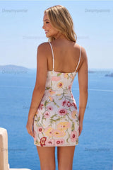 Ivory Floral Spaghetti Straps Beaded Tight Short Homecoming Dress