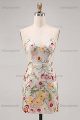Ivory Floral Spaghetti Straps Beaded Tight Short Homecoming Dress