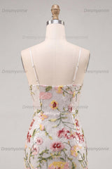 Ivory Floral Spaghetti Straps Beaded Tight Short Homecoming Dress