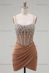 Khaki Tight Ruched Short Corset Homecoming Dress with Rhinestones