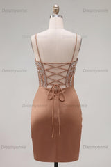 Khaki Tight Ruched Short Corset Homecoming Dress with Rhinestones
