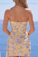 Light Yellow One-Shoulder Floral Tight Short Homecoming Dress with Sash