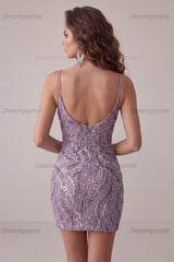 Lilac Beaded Tight Short Homecoming Dress