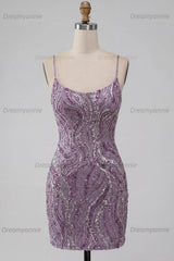 Lilac Beaded Tight Short Homecoming Dress