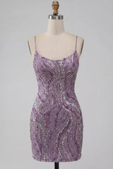 Sparkly Lilac Beaded Tight Short Homecoming Dress