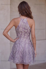 Lilac Halter Beaded A-Line Short Homecoming Dress