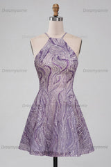 Lilac Halter Beaded A-Line Short Homecoming Dress