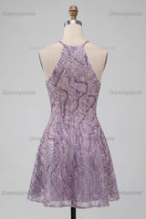 Lilac Halter Beaded A-Line Short Homecoming Dress