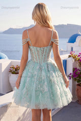 Mint Cold-Shoulder Floral Beaded A-Line Corset Short Homecoming Dress