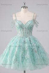 Mint Cold-Shoulder Floral Beaded A-Line Corset Short Homecoming Dress