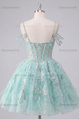 Mint Cold-Shoulder Floral Beaded A-Line Corset Short Homecoming Dress