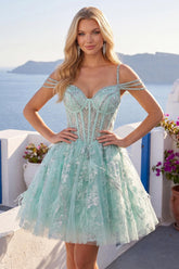Mint Cold-Shoulder Floral Beaded A-Line Corset Short Homecoming Dress