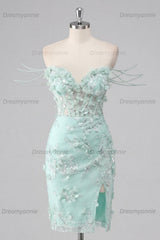 Mint Floral Beaded Ruched Corset Tight Short Homecoming Dress with Slit