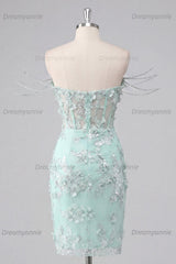Mint Floral Beaded Ruched Corset Tight Short Homecoming Dress with Slit