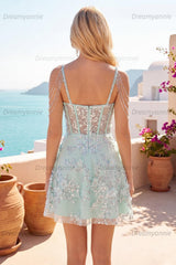 Mint Floral Cold-Shoulder Beaded A-Line Corset Short Homecoming Dress