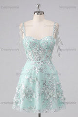 Mint Floral Cold-Shoulder Beaded A-Line Corset Short Homecoming Dress