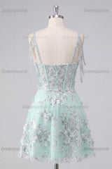 Mint Floral Cold-Shoulder Beaded A-Line Corset Short Homecoming Dress