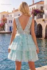 Mint Floral V-Neck Beaded A-Line Short Homecoming Dress with Ruffles