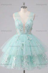 Mint Floral V-Neck Beaded A-Line Short Homecoming Dress with Ruffles