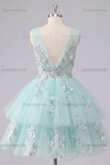 Mint Floral V-Neck Beaded A-Line Short Homecoming Dress with Ruffles