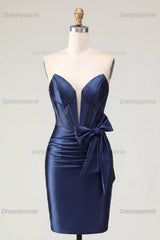 Navy Basque Waist Beaded Corset Tight Short Homecoming Dress with Bow