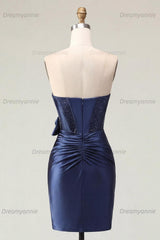Navy Basque Waist Beaded Corset Tight Short Homecoming Dress with Bow