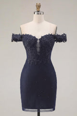 Sparkly Navy Off-the-Shoulder Beaded Ruched Tight Short Homecoming Dress