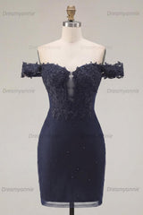 Navy Off-the-Shoulder Beaded Ruched Tight Short Homecoming Dress