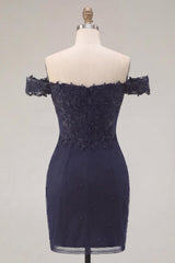 Sparkly Navy Off-the-Shoulder Beaded Ruched Tight Short Homecoming Dress