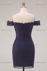 Navy Off-the-Shoulder Beaded Ruched Tight Short Homecoming Dress