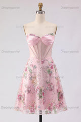Pink Strapless Floral Beaded Corset A-Line Short Homecoming Dress