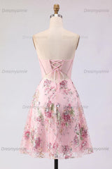 Pink Strapless Floral Beaded Corset A-Line Short Homecoming Dress