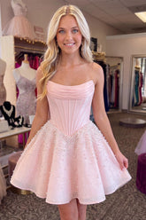 Sparkly Pink A Line Short Corset Homecoming Dress with Pearls