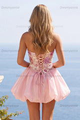 Pink Strapless Floral Beaded A-Line Short Homecoming Dress