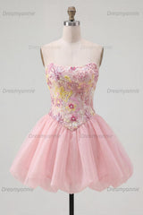 Pink Strapless Floral Beaded A-Line Short Homecoming Dress