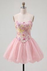 Sparkly Pink A Line Strapless Beaded Floral Short Homecoming Dress