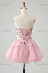 Pink Strapless Floral Beaded A-Line Short Homecoming Dress
