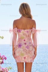 Pink Strapless Floral Beaded Tight Short Homecoming Dress with Bows
